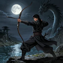 korean archer fighting a dragon. the moon is in the sky. there is a river. dark fantasy. high resolution. detailed. digital art. dark fantasy. kentaro miura.