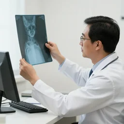 a doctor examining an xray. the doctor himself is a cat.