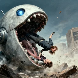 a human falling into a big robot mouth, destruction, azimov