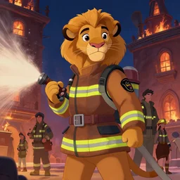 beautiful portrait of a female anthropomorphic lioness fursona wearing a firefighter uniform putting out a burning building with a fire hose at night. character design by disney, charlie bowater, ross tran, artgerm, and makoto shinkai, detailed, soft lighting, rendered in octane
