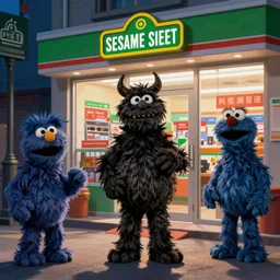 Evil dark crime Sesame Street Muppets rob a convenience store on the main street