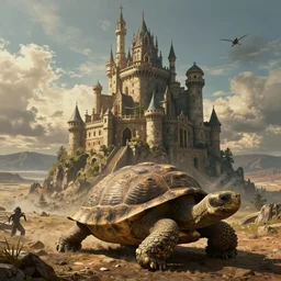 large fantasy castle on top of a giant tortoise similar to howls moving castle and mortal engines, located in a harsh wasteland with harsh sunlight, distant - mid - shot, fantasy, hyper detailed, realistic