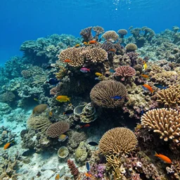 a thriving coral reef with colorful fish and plants : : underwater : :