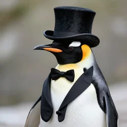 a photo of a penguin in a tuxedo and top hat, highly detailed, photorealistic