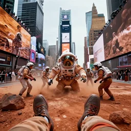 footage of the first humans landing on Mars shown in Times Square, ultra realistic 8k photo realistic