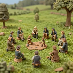 tilt shift green pasture, clay creatures playing a game, Albert Bierstadt, Jim Burns, Edwin Church, Frederic Thomas Cole, Brown Durand, Asher David Friedrich, Caspar James Gurney, Johnson Heade, Martin Raphael Lacoste, Ted Nasmith, Andreas Rocha, Christophe Vacher !n 9