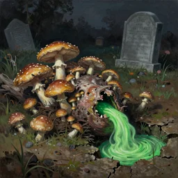 mushrooms covering a decaying corpse, in a graveyard, green gas coming from the cracked ground, painting, in the style of bensinski
