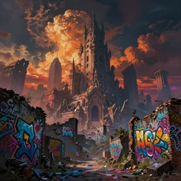 beautiful matte painting street art fantasy ruins skyline background painted, intricate, volumetric lighting, beautiful, rich deep colors masterpiece, sharp focus, ultra detailed by alex grey