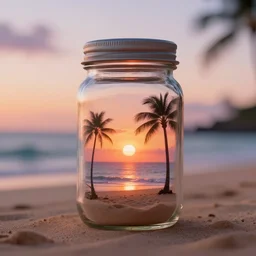 a tiny realistic dreamy beautiful sunset beach hawaii inside a glass jar. sharp focus, photography, unreal engine, trending on artstation, photorealistic, octane, trending on deviantart, unreal engine