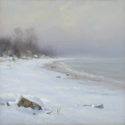 winter landscape, ice, covered in mist, sea coast, oil paintig by Caspar David Friedrich