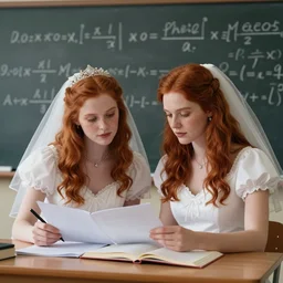 Two beautiful red haired young women dressed as brides studying mathematics together in a university class near a blackboard, fashion photography by Annie Leibovitz, hyperrealistic, highly detailed, depth of field, High definition, 8k,  octane render, artstation