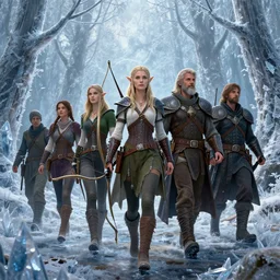 A fantasy matte painting of a group of adventurers walking composed by a female archer elf a male cleric a male fighter that walk through a forest with trees made of ice crystals, high detail, Miguel Iglesias, Greg Rutkowski, James Daly, ArtStation, Deviantart, Unreal Engine