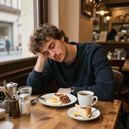 sleepy guy in romanian coffee shop having breakfast, style of sabin balasa