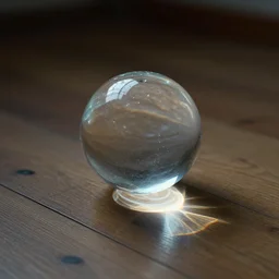 A floating sphere of water, light passing through it, projecting caustic refraction on the wooden floor, 4k 24mm f/1.4