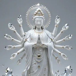 thousand - handed guanyin from chinese mythology, hi - tech luciferian synthetic, gorgeous and huge head ornaments, dystopian, cyberpunk, mecha, halfturn portrait of a big crystal face made of crystals half - turn, ominous, intricate, studio, art by anthony macbain + greg rutkowski + alphonse mucha, concept art, 4 k, sharp focus