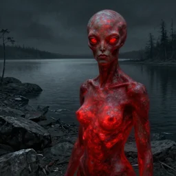 iridescent, portrait, rocky lake shore, alien woman, glowing red, by edgar maxence and ross tran, zdzisław beksinski, and michael whelan, distant, gustav dore, h. r. giger, 8 k, octane render