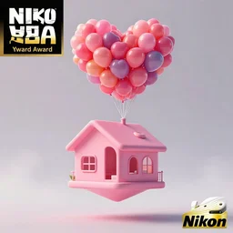 a 5 0 mm lens photograph of a cute pink floating modern house in the air, held in by heart shaped vibrant ballons, inspired by the movie up. mist, playful composition canon, nikon, award winning, photo of the year