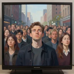 television screens glare out from every angle, detailed painting of a man standing in a city with his eyes open but everyone else has their eyes closed