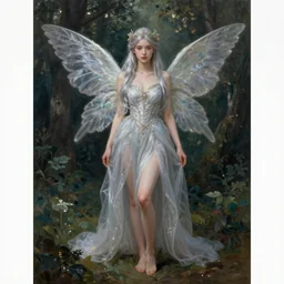 beautiful oil painting full body portrait of fairy princess princess soft skin silver hair standing in forest, wings, diadem