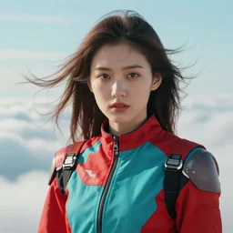 symmetry closeup portrait of a racer girl cyborg jumpsuit in clouds cinematic light windy teal red by gerald brom by mikhail vr