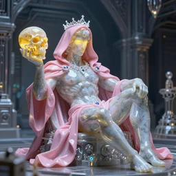 photo of fullbody rococo and cyberpunk delicate neon crystalline sculpture of handsome muscular onyx albino marble prince nick jonas as an mint iridescent humanoid deity wearing pink plastic hooded cloak holding an onyx skull in a onyx space dungeon, reclining, glowing yellow face, crown of white diamonds, cinematic lighting, photorealistic, octane render, 8 k, depth of field, 3 d