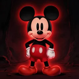 zombie mickey mouse, in the style of beksinski, red, black, glowing, vibrant, chiaroscuro, high detail, perfect artwork, clean lines