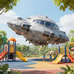 A big alien mothership crash landed in a kids playground, hyper-realistic.