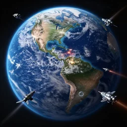 large space battle of earth like planet. Hyper realistic render. Trending on art station.