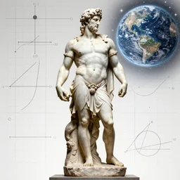 8k male figure zeus sculpture, concept art, hyper realism, background is a pattern grid of mathmatics that explain the universe