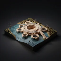 architectural model, isometric view, 3 d render, studio lighting, low contrast, dark background, highly detailed, a circular house with circular courtyards floating on water at the sloping edge of a lake, dead tree