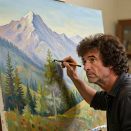 a closeup photorealistic photograph of bob ross putting the finishing touches on a canvas painting of kenny powers. mountains and trees. film still. brightly lit scene. this 4 k hd image is trending on artstation, featured on behance, well - rendered, extra crisp, features intricate detail, epic composition and the style of unreal engine.