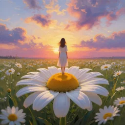 standing in giant daisy flower head, full body girl standing in a flower field, surreal photography, sunrise, dramatic light, impressionist painting, colorful clouds, digital painting, artstation, simon stalenhag