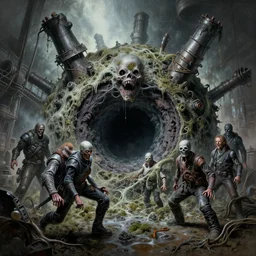 airbrushed awful horror black mold overruning black hole factory by jack kirby, kelly freas, donato giancola, geof darrow, alex ross, basil gogos, philippe druillet, fine art masterpiece baked at 3 0 0 f, matte painting, cold lighting, aged with sunlight, award winning horror, photorealistic render, cinematic