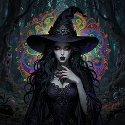 portrait of evil witch woman in front of sinister deep dark forest ambience, in style of dark fantasy art, in style of Midjourney, stylized, detailed and intricate, mandelbulber fractal, elegant, ornate, horror, elite, ominous, haunting, beautiful digital painting, cinematic, cgsociety, Alphonse Mucha, James jean, Noah Bradley, Darius Zawadzki, vivid colors and vibrant outlines