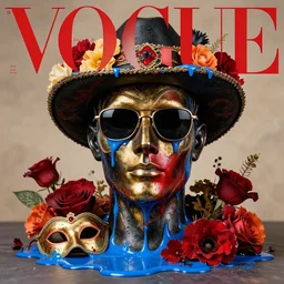 a head made out of melting metal, it is of black and golden and red color, it is wearing sunglasses and a hat, there are flowers all around it, blue paint melting, vogue cover style, demonic style, venetian mask style, thomas kinkade style