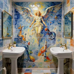 colorful 7 0 s tile bathroom, by zdzisław beksinski, fantasy lut, epic composition, sci - fi, dreamlike, surreal, angelic, cinematic, 8 k, unreal engine, photorealistic, fantasy concept art,