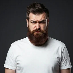 a posh bearded man with a very skeptical and sarcastic expression, one raised eyebrow, head tilted downward, professional photography, studio lighting, dark background