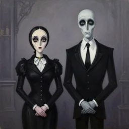 mortician and gomez addams as american gothic, oil on canvas