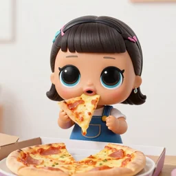 still photo of an lol surprise doll eating pizza, highly detailed, photorealistic portrait, bright studio setting, studio lighting, crisp quality and light reflections, unreal engine 5 quality render