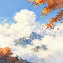 fluffy clouds, alpine scenery, autumn leaves blowing in the wind, watercolor painting, pixiv