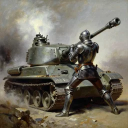 an oil painting of knight fighting with a tank, by frank frazetta