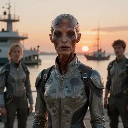 unsettling rubbery mutant with thin lips and suspicious expression, wearing science fiction ss uniform by science fiction docks at sunset, by deak ferrand, simon stalenhag, and greg rutkowski