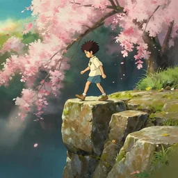 a small boy walking over big stone blocks, just over the precipice, studio ghibli, pixar and disney animation, sharp, rendered in unreal engine 5, anime key art by greg rutkowski, bloom, dramatic lighting