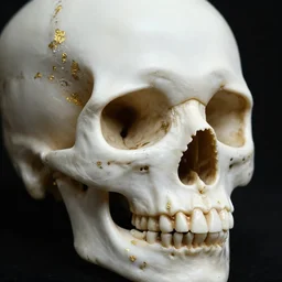 skull accented with small gold leaf flakes, close - up portrait, powerful, intricate, elegant, volumetric lighting, digital painting, highly detailed, artstation, sharp focus, illustration, concept art, detailed black ink pen,
