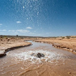 Massive raindrops falling into dried up river in the desert, hyper detailed photorealistic, dramatic lighting, global warming, blue cloudless sky