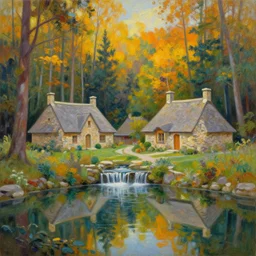 a painting of sparse stone cottages underneath a dense tall forest, with pristine reflex from cascading ponds. gorgeous, elegant, sophisticated, an ultrafine painting, intricate brush strokes, bright depth oil colors, photography by araken alcantara. intense promiseful happiness, autumn sunrise warm light, detailed and intricate environment. hopeful. bodyscapes