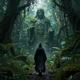 a powerful wizard walking towards an ominous statue in a densely overgrown, eerie jungle, fantasy, stopped in time, dreamlike light incidence, ultra realistic