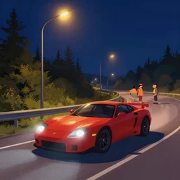 a sport car on county road with street lights at night. art by ismail inceoglu, filip hodas, and pixar.