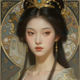 semi-realistic portrait of an asian princess, face, thin, fantasy, intricate, elegant, digital painting, artstation, concept art, smooth, sharp focus, illustration, art by artgerm and greg rutkowski and alphonse mucha