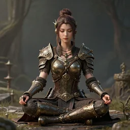 kali steampunk warrior meditating in a beautiful place, perfect face, fine details, studio lighting, subtle shadows, art by katsuya terada, photorealism, hyper realism, octane render, hyper detailed, canon eos r 3, f / 1. 4, iso 2 0 0, 1 / 1 6 0 s, medium shot, 8 k, raw, unedited, in - frame,